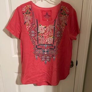 Johnny Was Coral Embroidered Short Sleeve Top